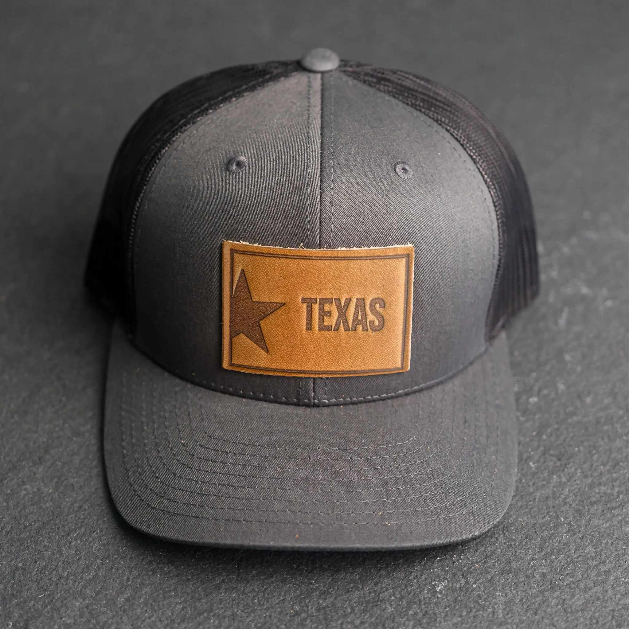 Leather Patch Trucker Style Hat - Texas License Plate Stamp