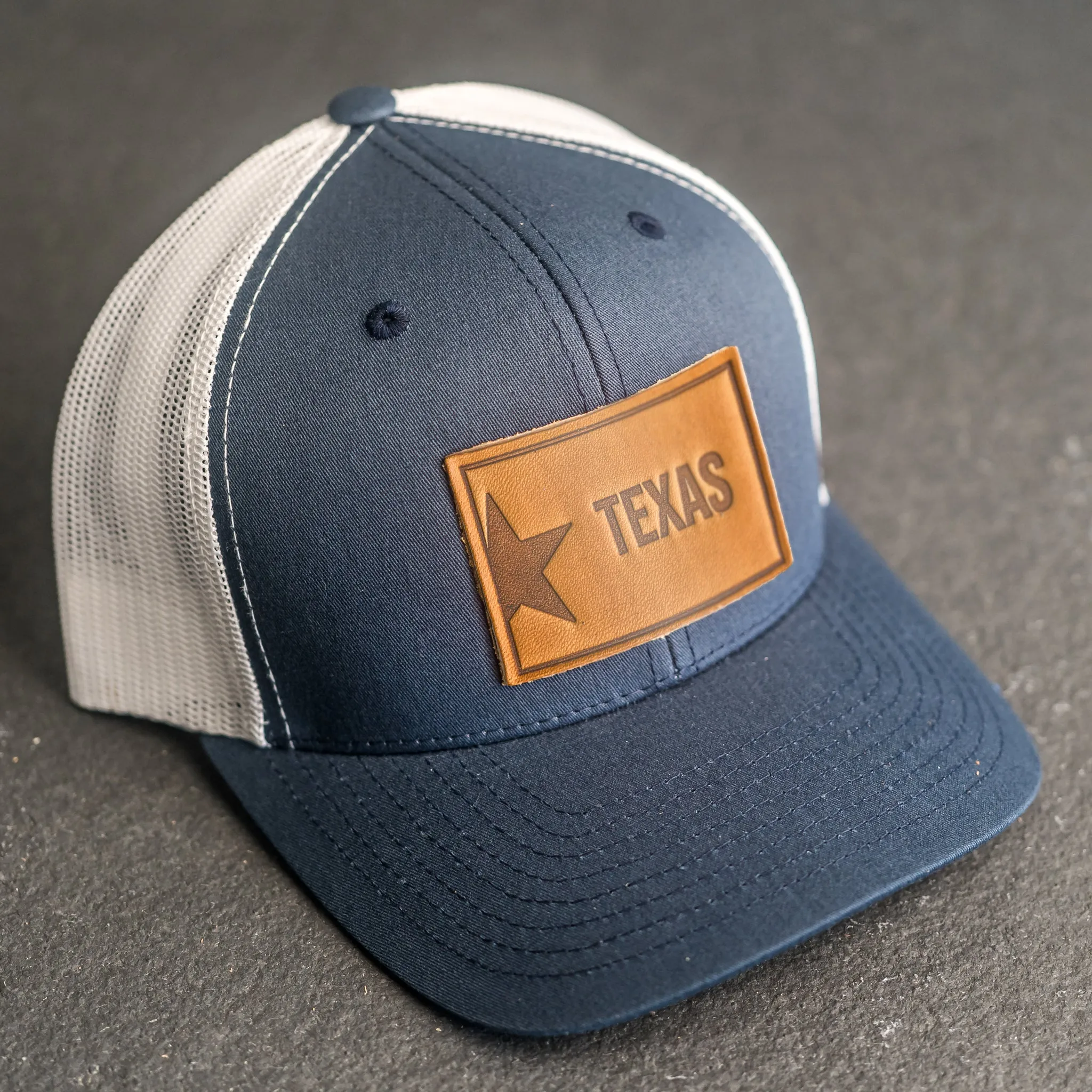 Leather Patch Trucker Style Hat - Texas License Plate Stamp