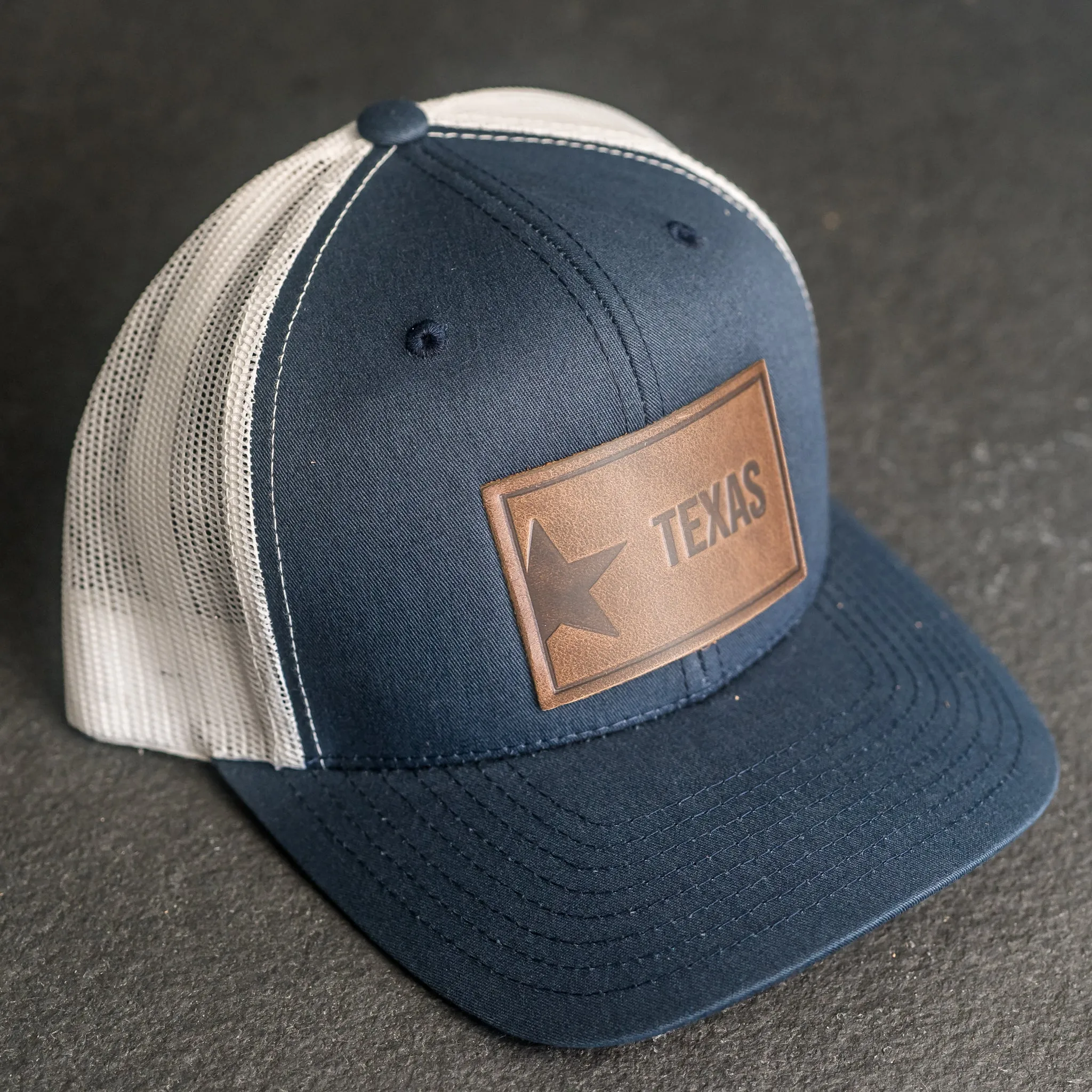 Leather Patch Trucker Style Hat - Texas License Plate Stamp