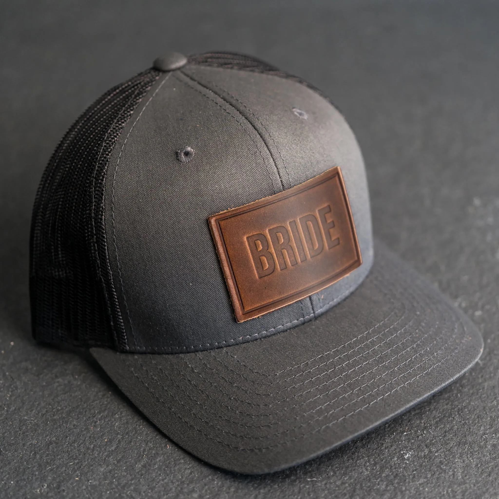 Leather Patch Trucker Style Hats - Bride and Groom (block)