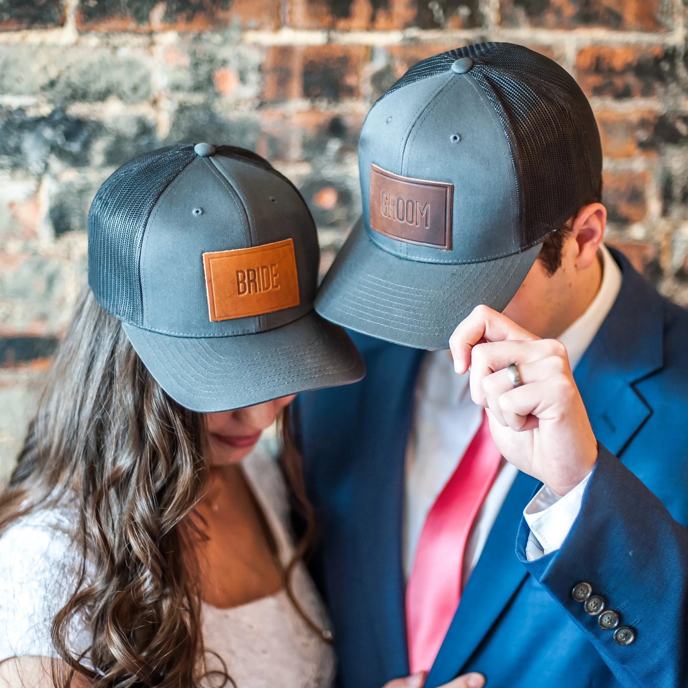 Leather Patch Trucker Style Hats - Bride and Groom (block)