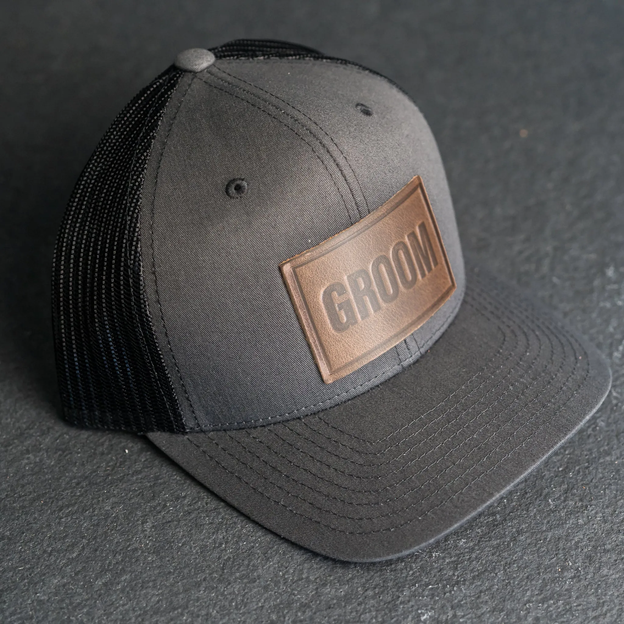 Leather Patch Trucker Style Hats - Bride and Groom (block)