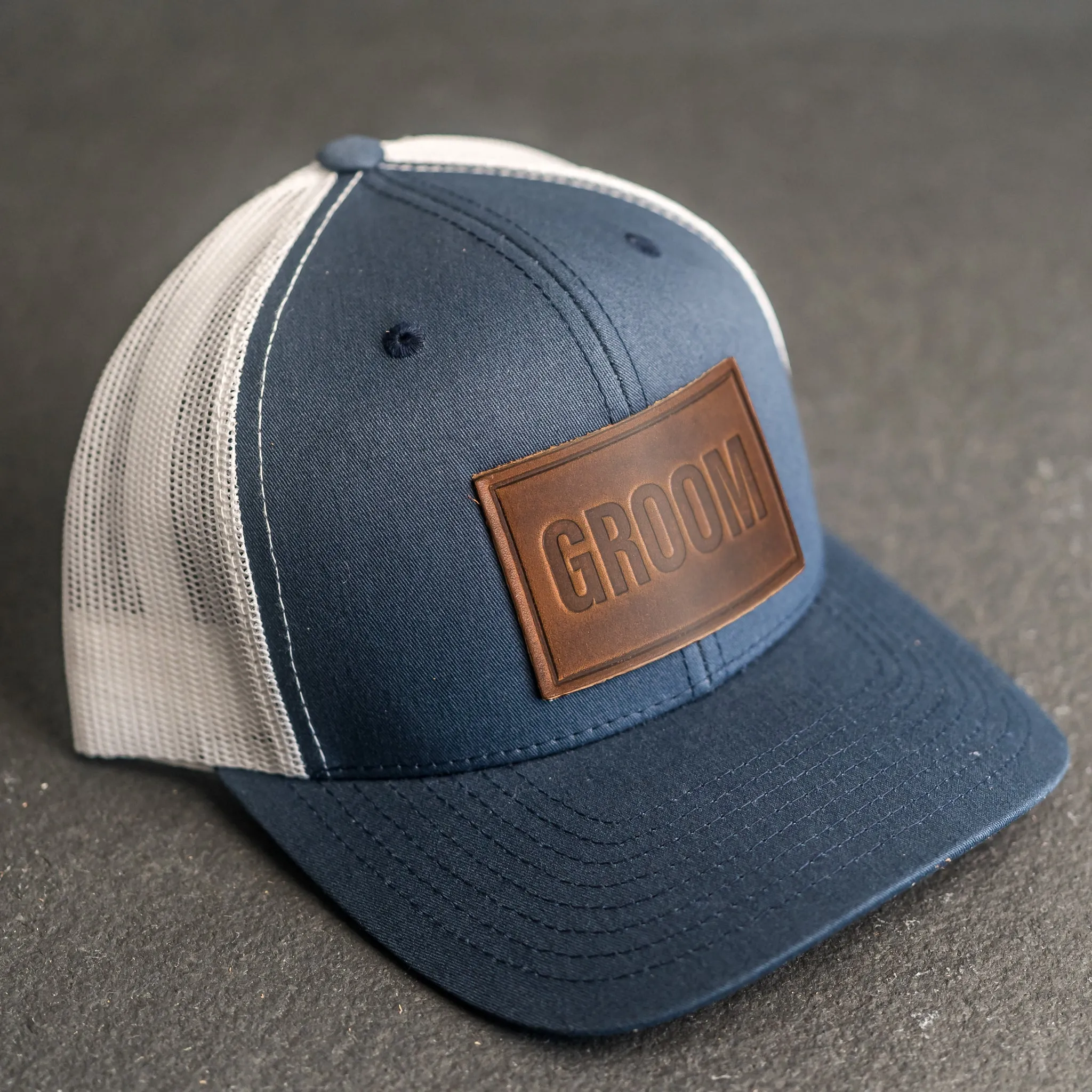 Leather Patch Trucker Style Hats - Bride and Groom (block)