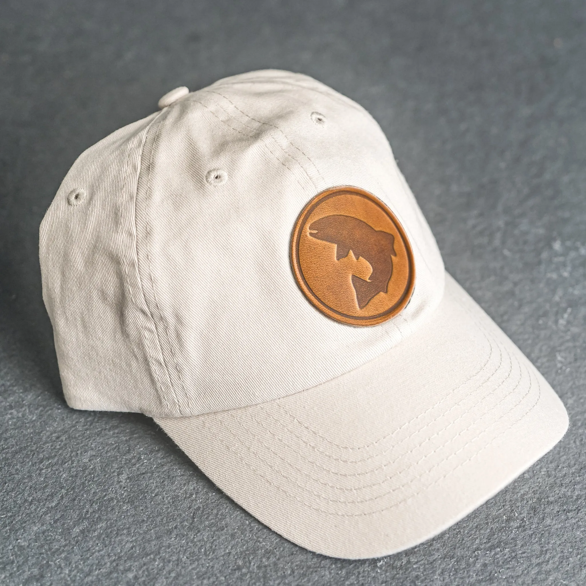 Leather Patch Unstructured Style Hat - Circle Patch - Fish Stamp