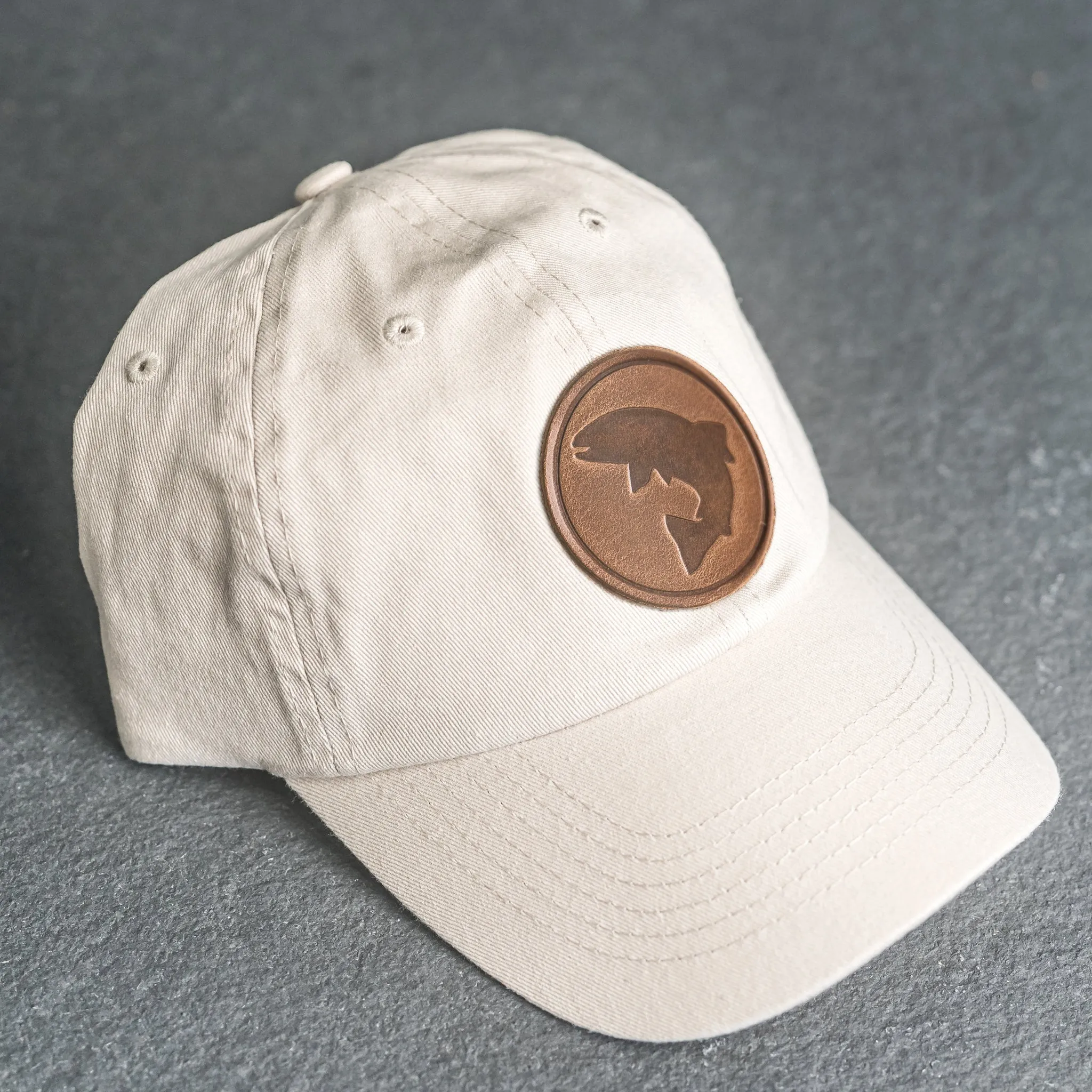 Leather Patch Unstructured Style Hat - Circle Patch - Fish Stamp