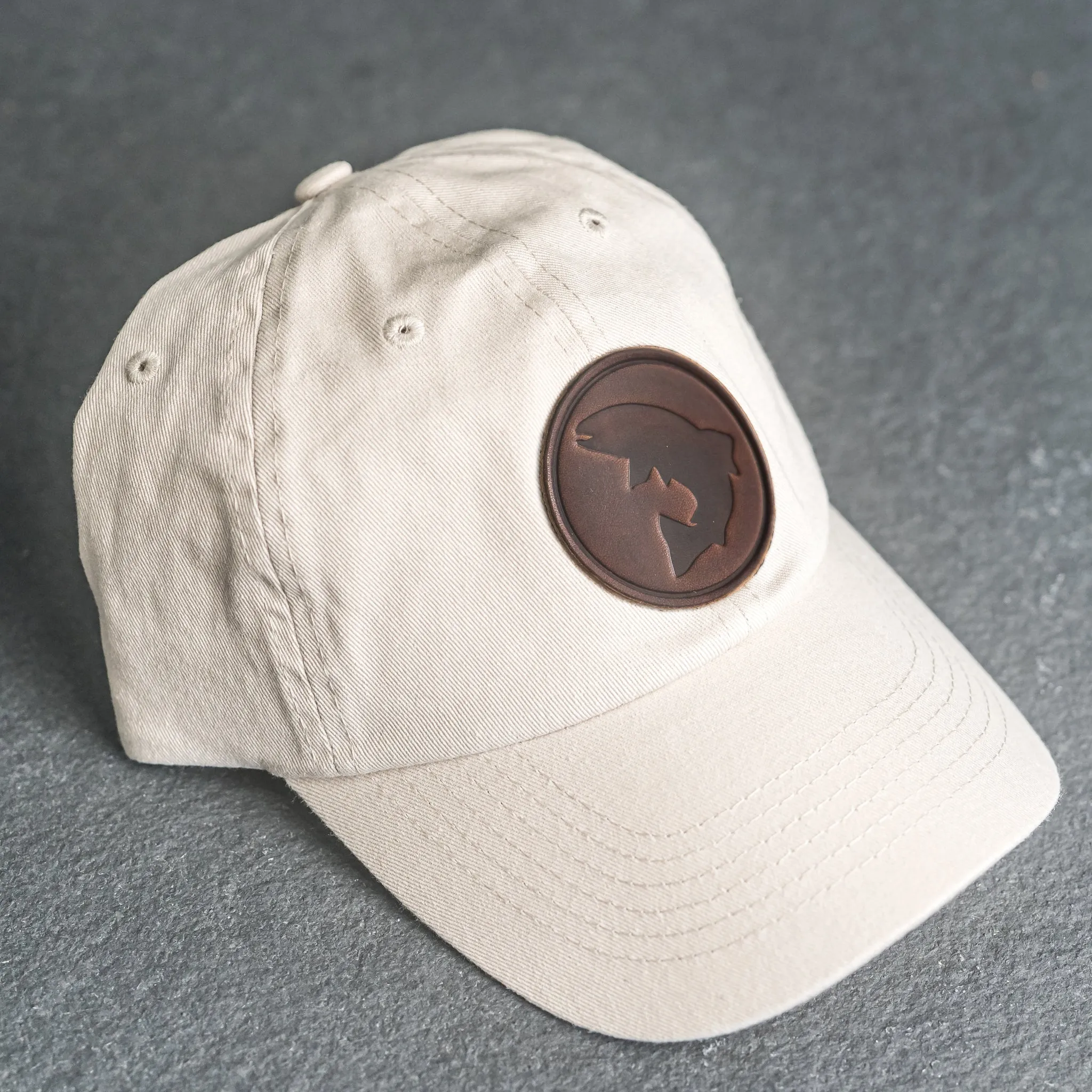 Leather Patch Unstructured Style Hat - Circle Patch - Fish Stamp