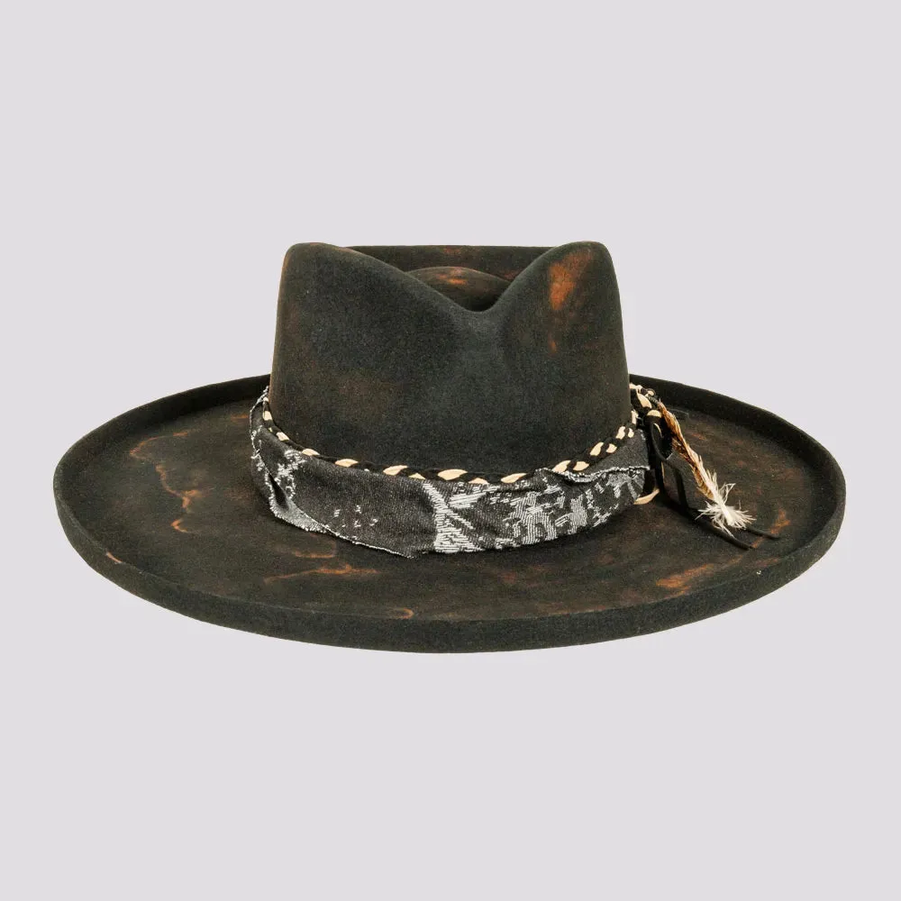 Lenny | Mens Distressed Wool Felt Teardrop Wide Brim Fedora Hat