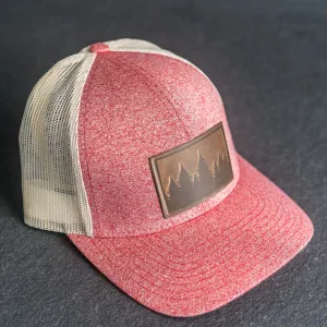 LIMITED EDITION - Red Heather/Birch Color LOW PROFILE Trucker Style Hat with Leather Patch - 30  Stamp Design Options