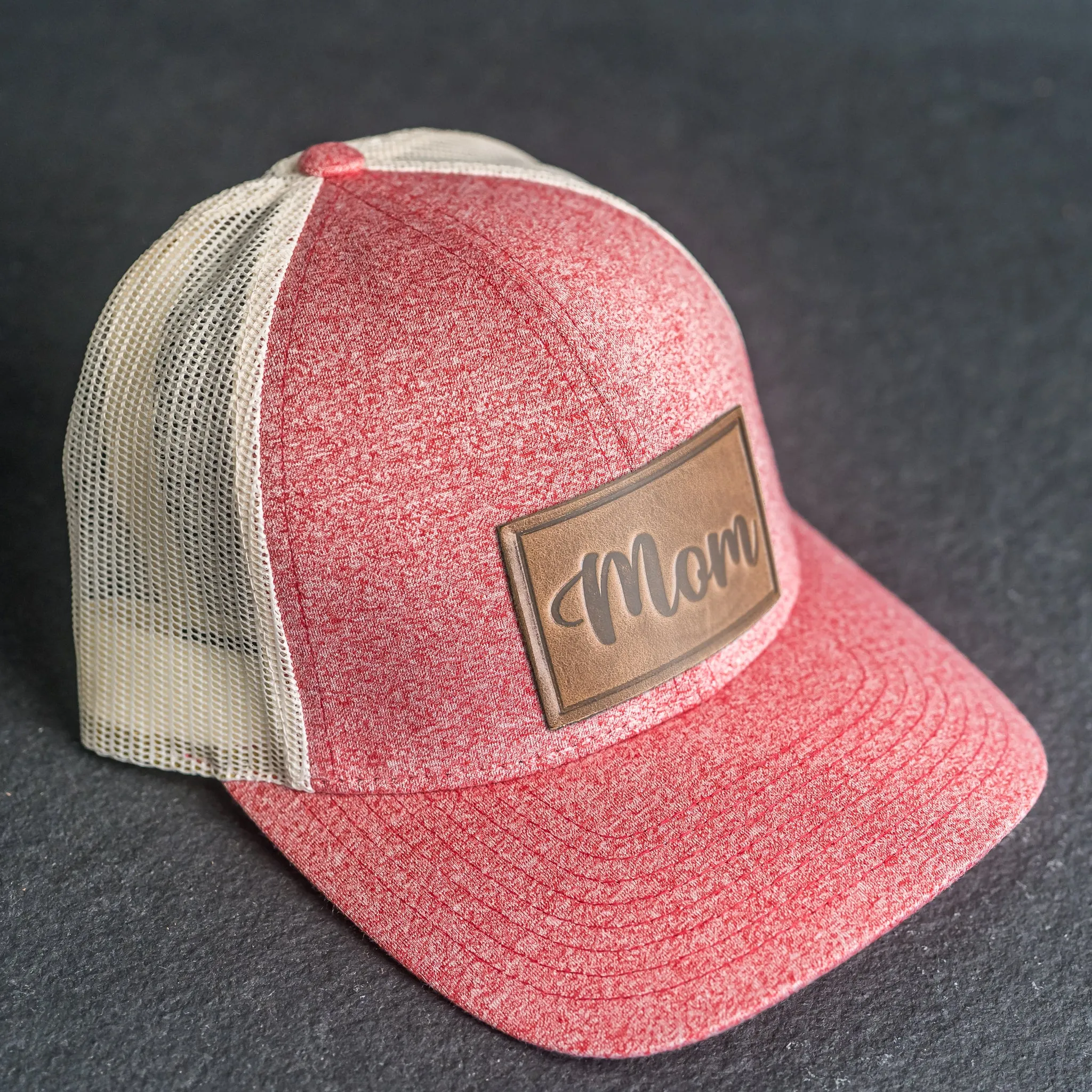 LIMITED EDITION - Red Heather/Birch Color LOW PROFILE Trucker Style Hat with Leather Patch - 30  Stamp Design Options