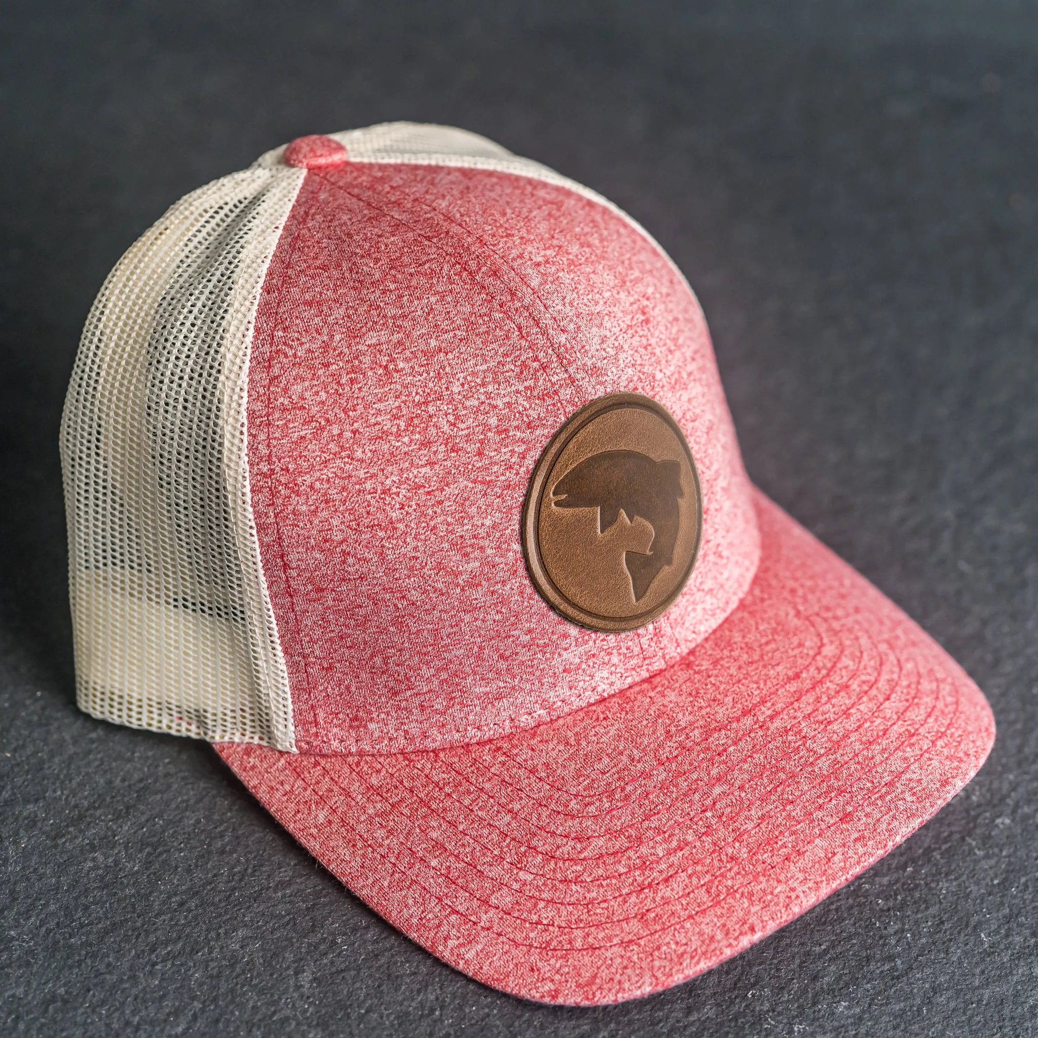 LIMITED EDITION - Red Heather/Birch Color LOW PROFILE Trucker Style Hat with Leather Patch - 30  Stamp Design Options