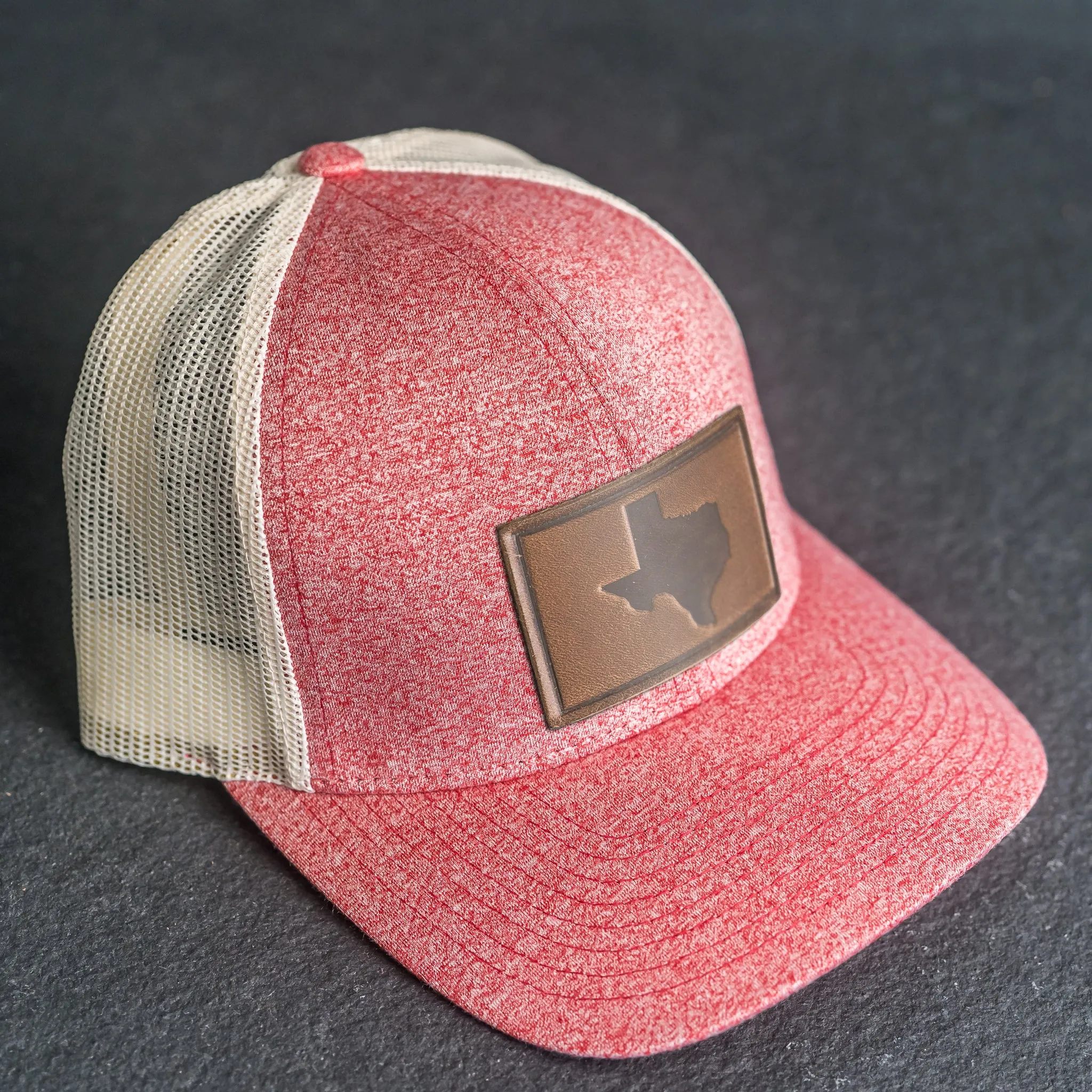 LIMITED EDITION - Red Heather/Birch Color LOW PROFILE Trucker Style Hat with Leather Patch - 30  Stamp Design Options