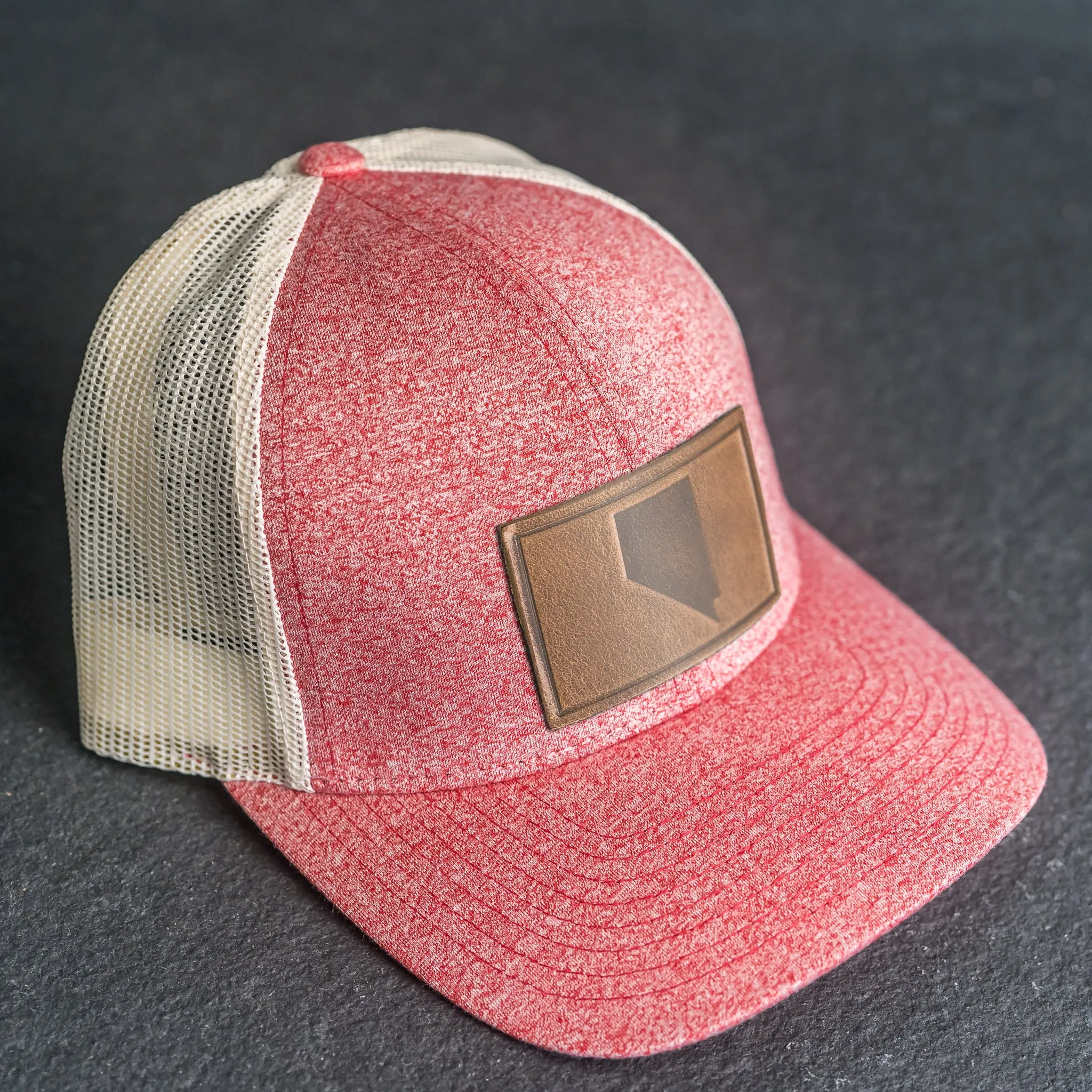 LIMITED EDITION - Red Heather/Birch Color LOW PROFILE Trucker Style Hat with Leather Patch - 30  Stamp Design Options