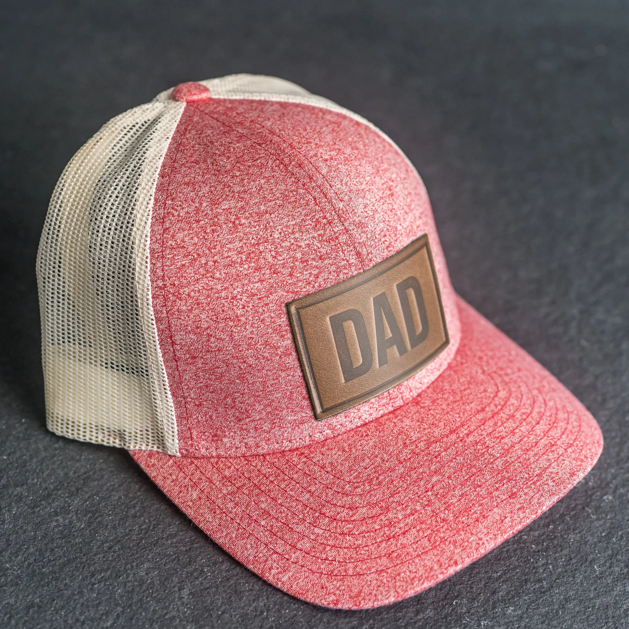 LIMITED EDITION - Red Heather/Birch Color LOW PROFILE Trucker Style Hat with Leather Patch - 30  Stamp Design Options