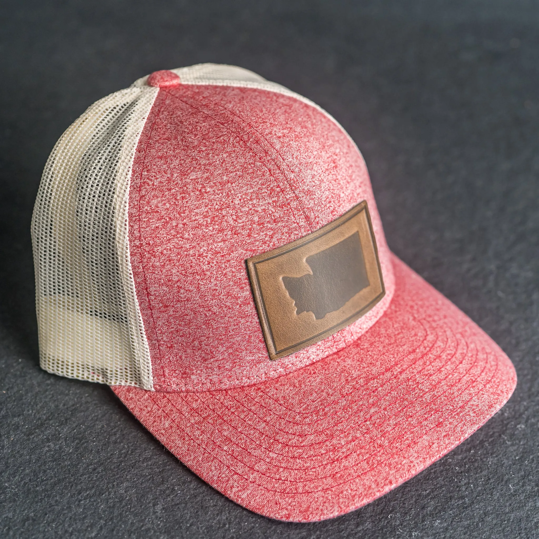 LIMITED EDITION - Red Heather/Birch Color LOW PROFILE Trucker Style Hat with Leather Patch - 30  Stamp Design Options