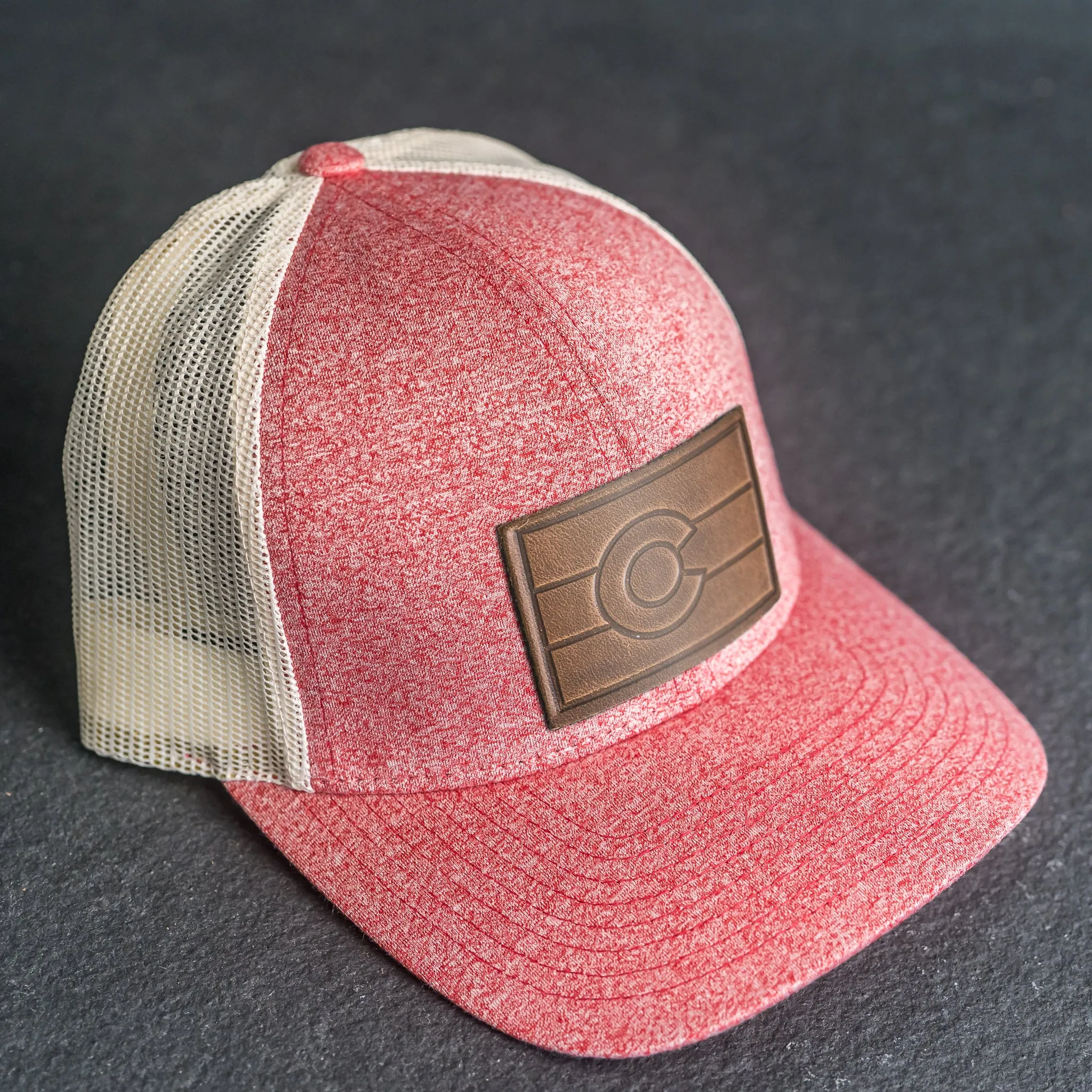 LIMITED EDITION - Red Heather/Birch Color LOW PROFILE Trucker Style Hat with Leather Patch - 30  Stamp Design Options