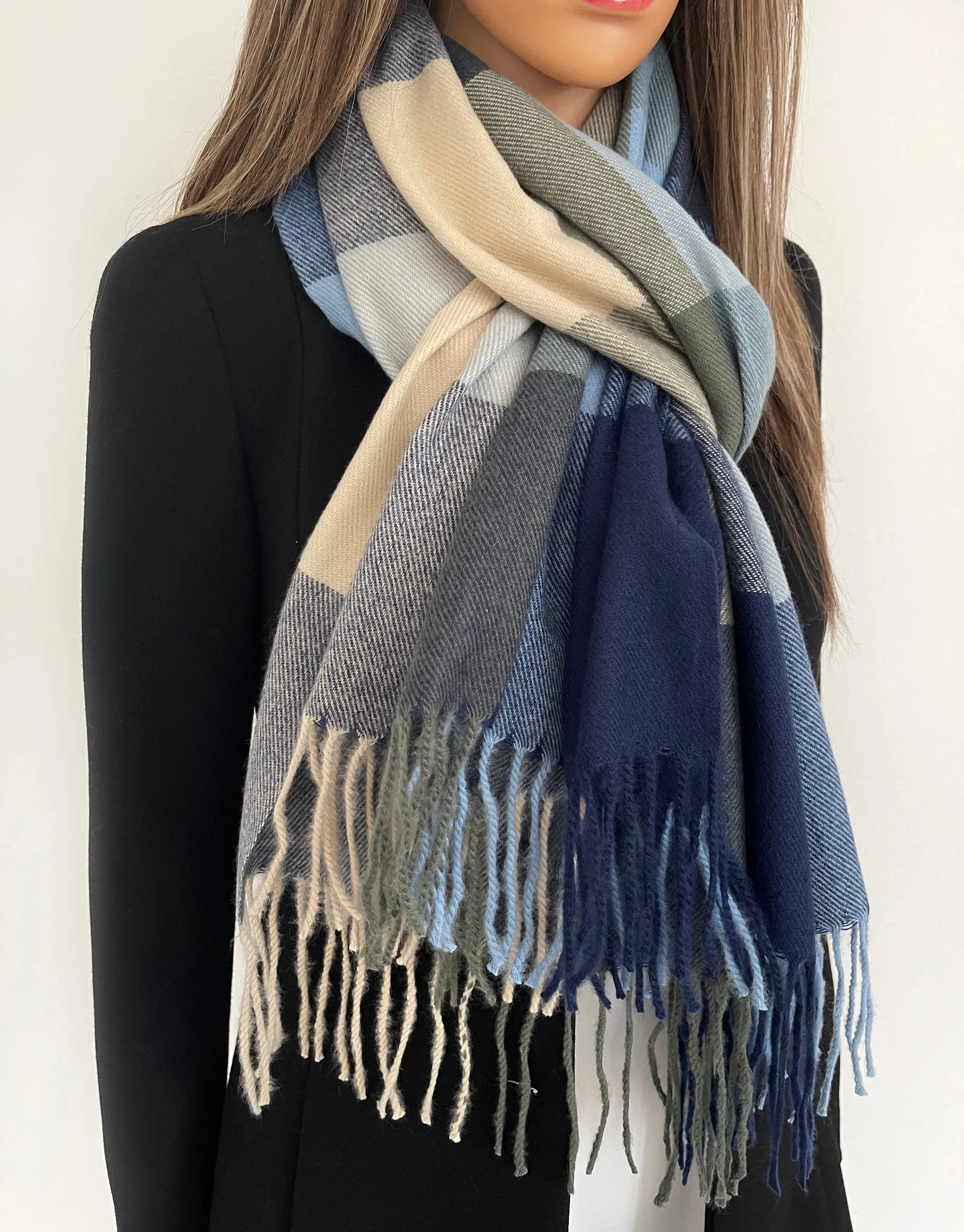 LONG NAVY BLUE WOOL MIX CHECKED TARTAN SCARF