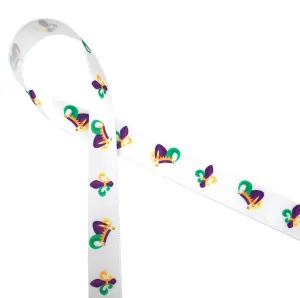 Mardi Gras ribbon with jester hats and fleur di lis in purple green and yellow printed on 5/8" white single face satin