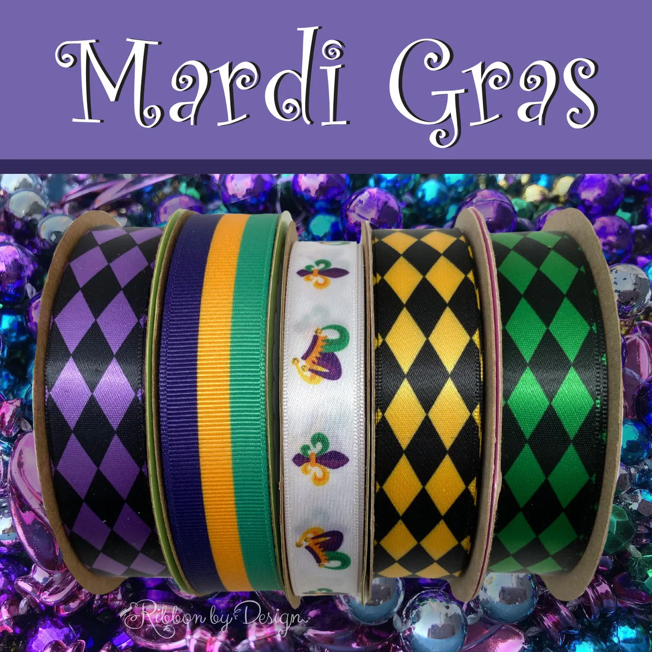 Mardi Gras ribbon with jester hats and fleur di lis in purple green and yellow printed on 5/8" white single face satin