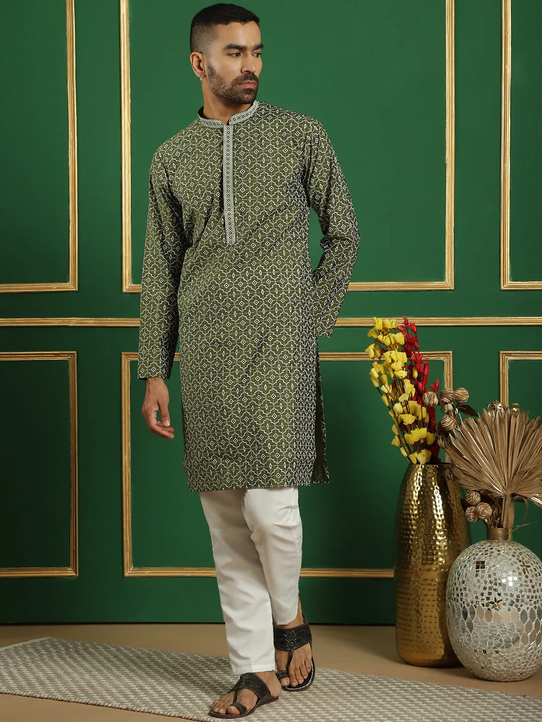 Men'S Geometric Printed Kurta With Pyjama