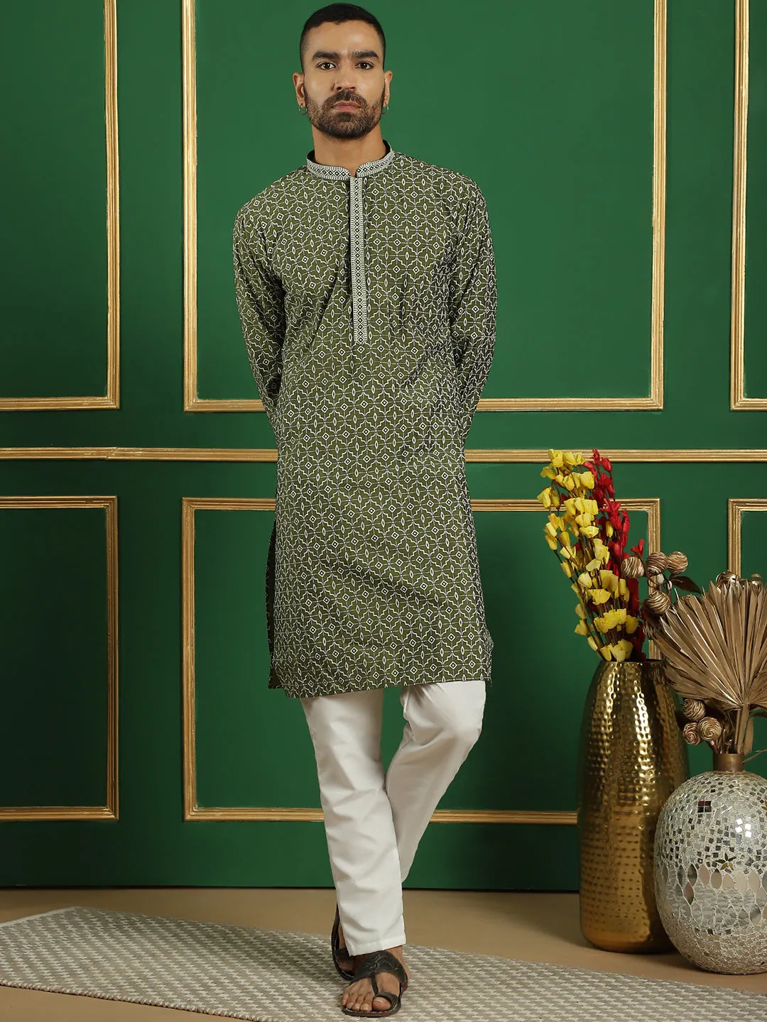 Men'S Geometric Printed Kurta With Pyjama