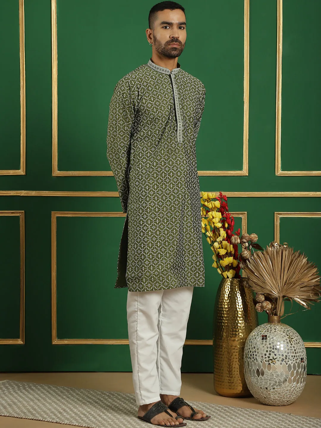 Men'S Geometric Printed Kurta With Pyjama