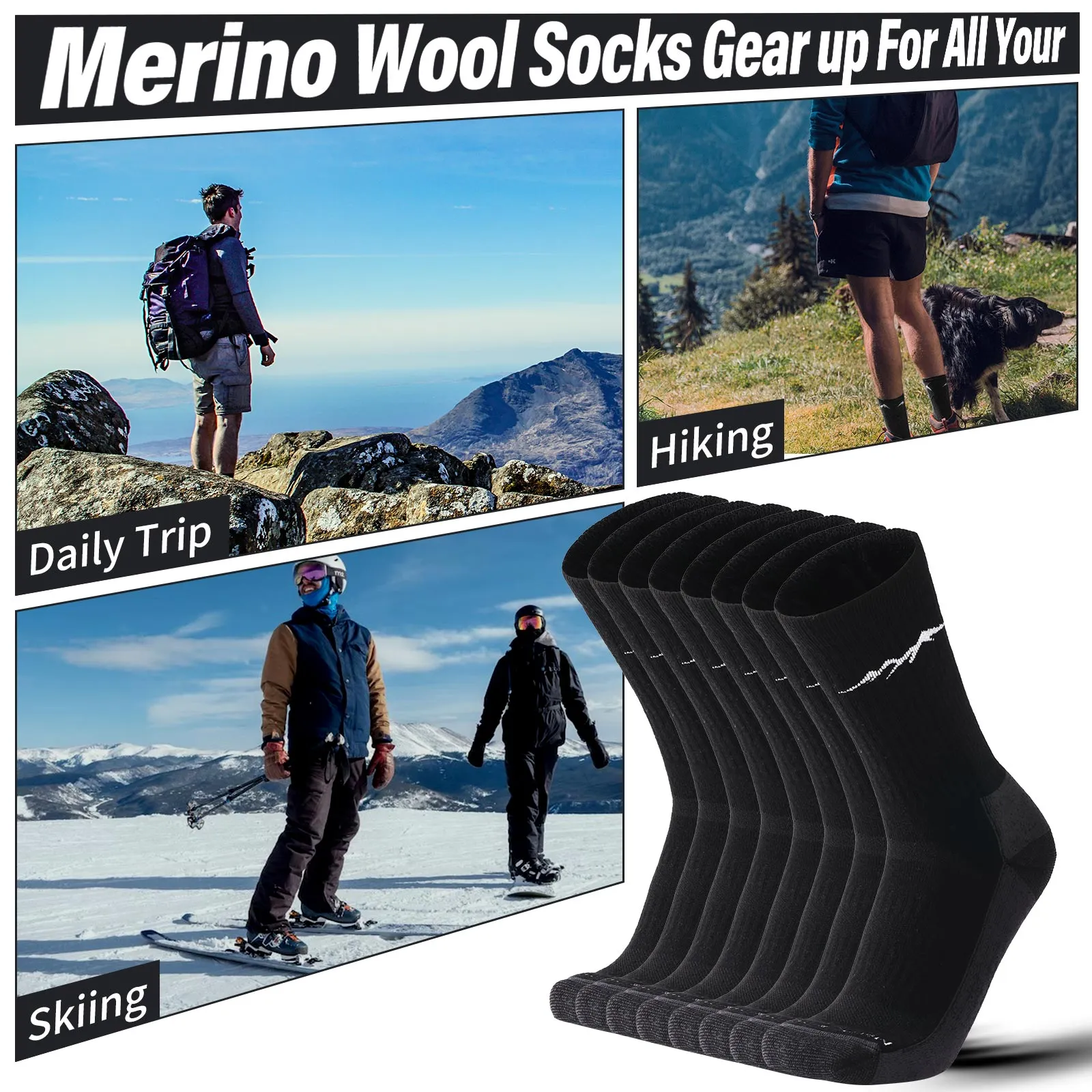 Men's Merino Hike Crew Socks Black Grey - 4 Pairs