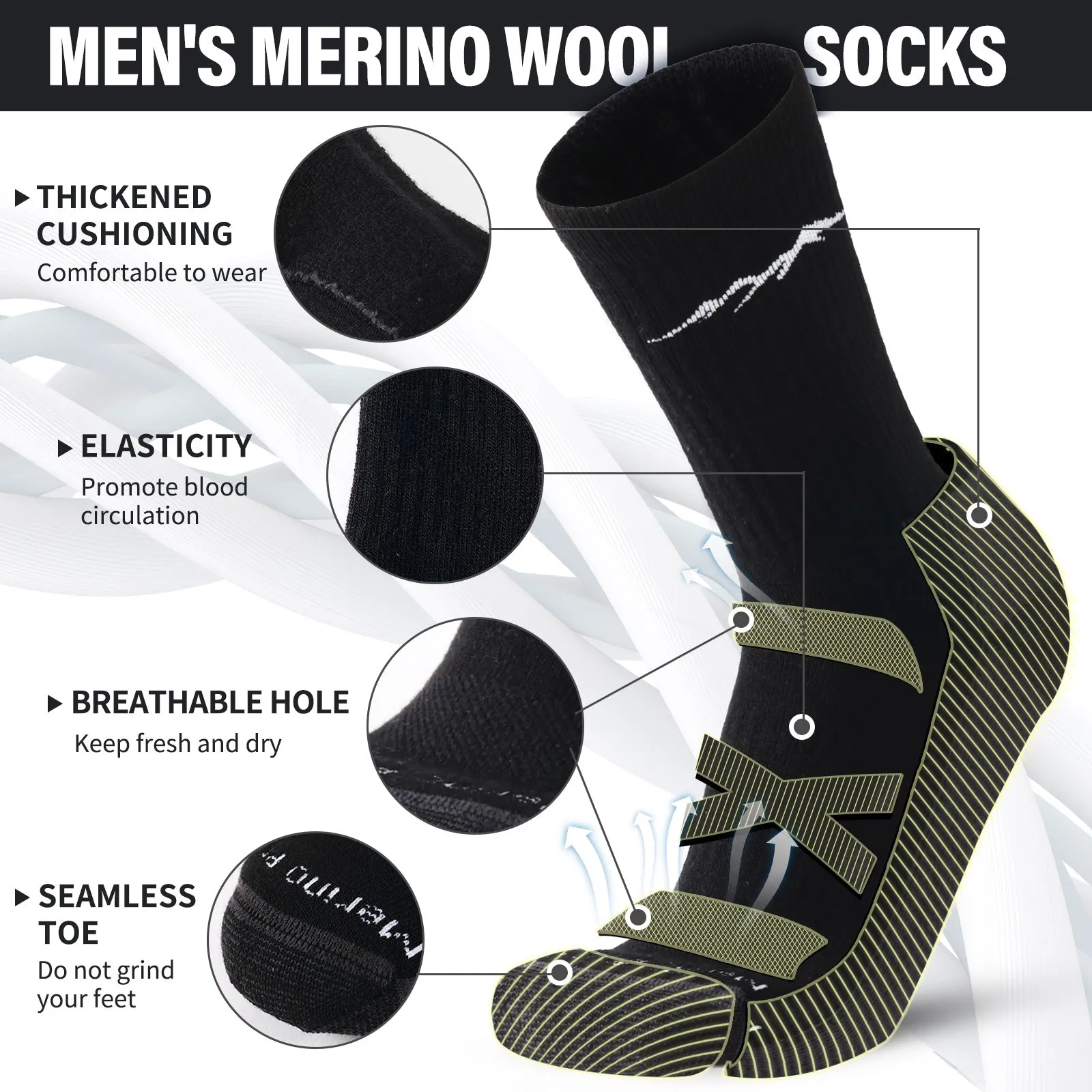 Men's Merino Hike Crew Socks Black Grey - 4 Pairs