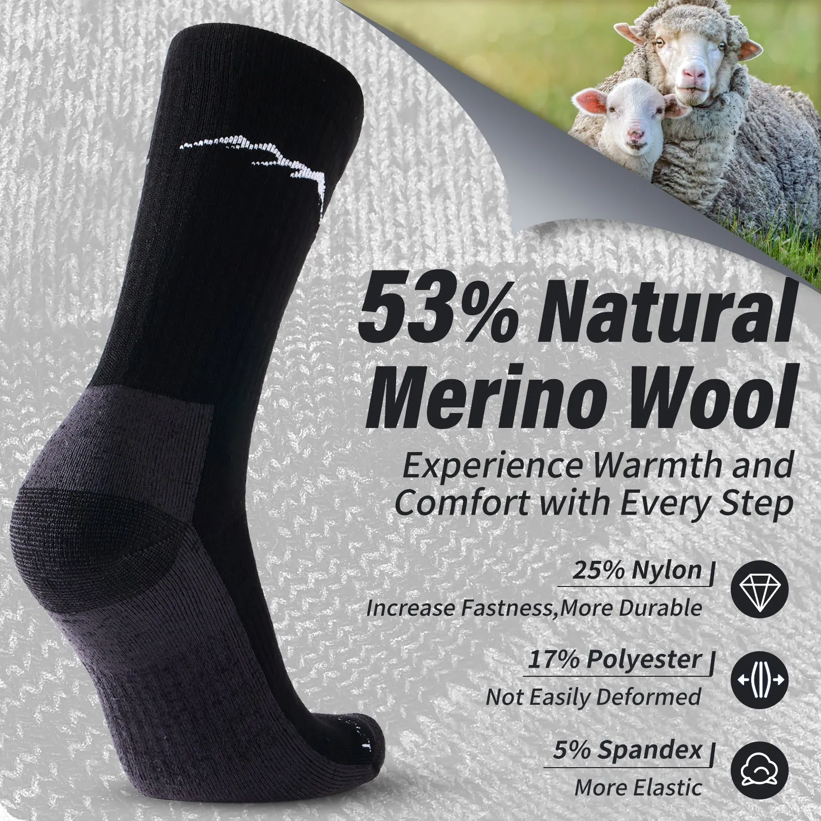 Men's Merino Hike Crew Socks Black Grey - 4 Pairs