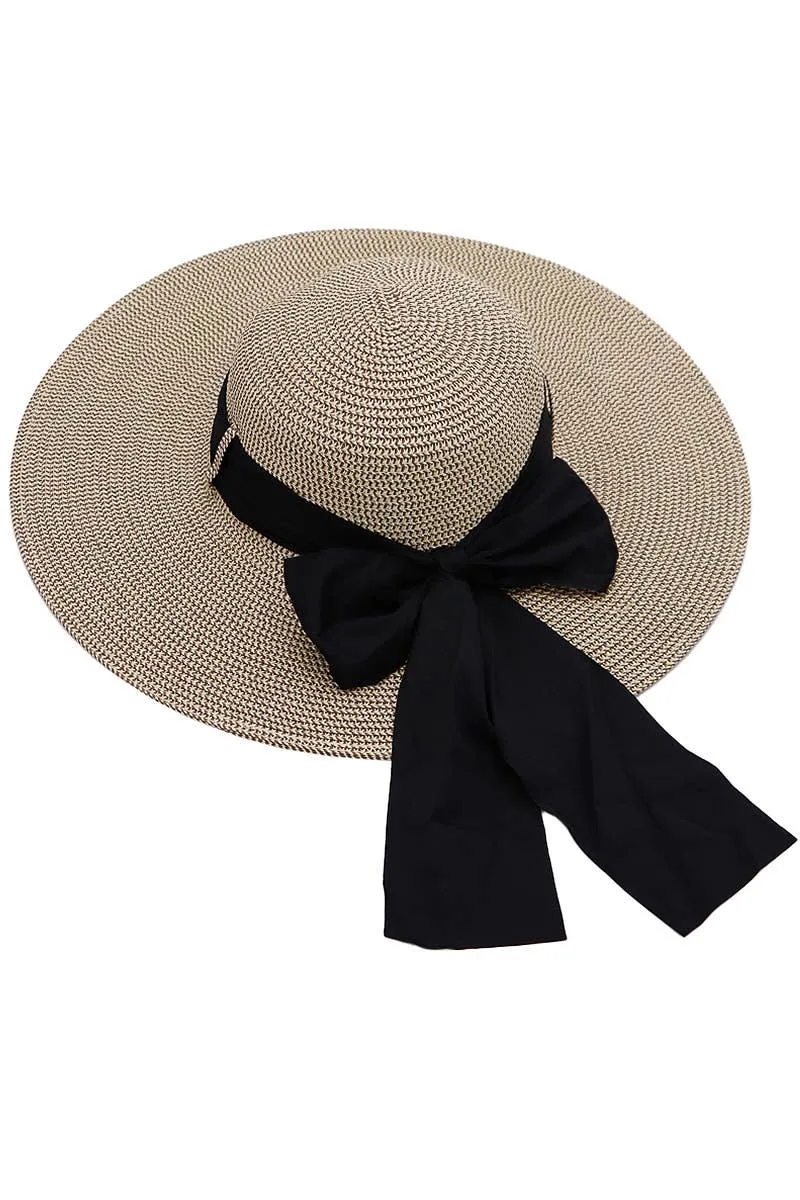 Mixed Grain Straw Satin Ribbon Wide Floppy Sun Hat