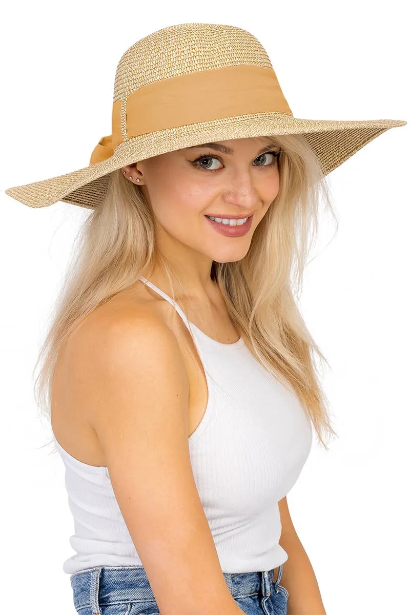 Mixed Grain Straw Satin Ribbon Wide Floppy Sun Hat