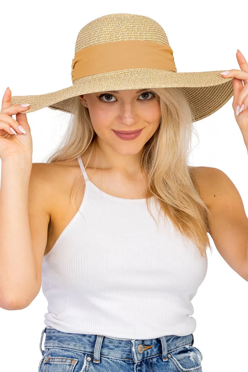 Mixed Grain Straw Satin Ribbon Wide Floppy Sun Hat