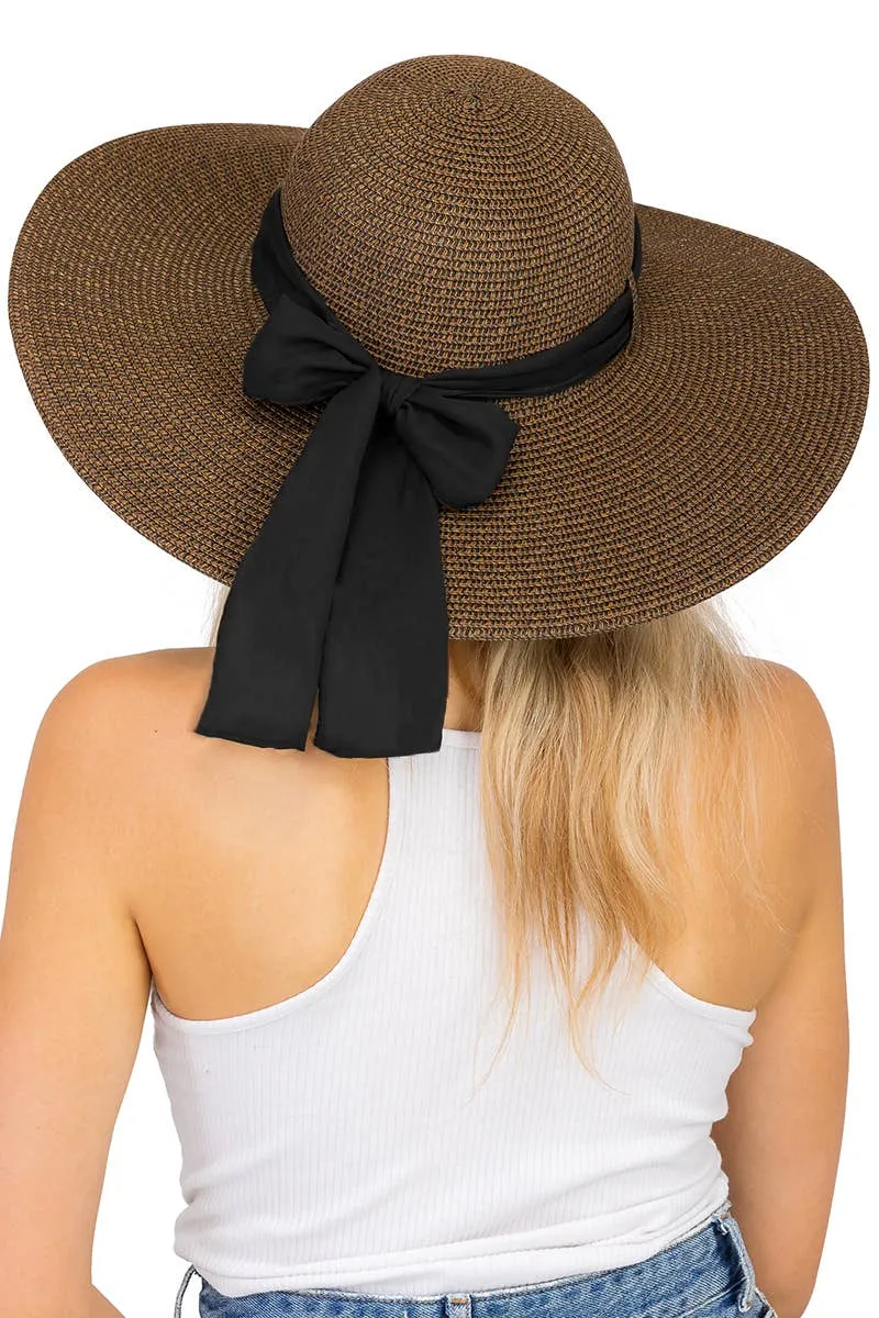 Mixed Grain Straw Satin Ribbon Wide Floppy Sun Hat