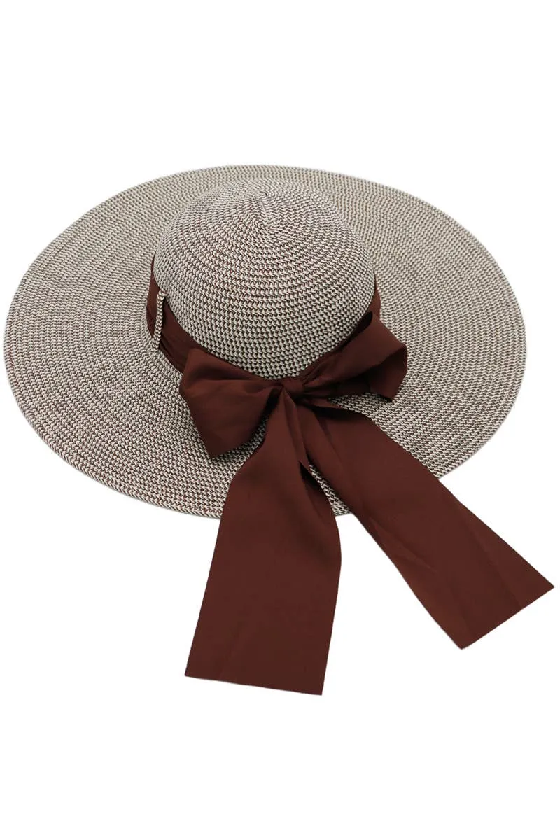 Mixed Grain Straw Satin Ribbon Wide Floppy Sun Hat