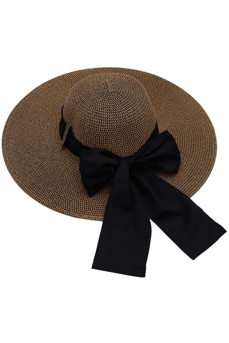 Mixed Grain Straw Satin Ribbon Wide Floppy Sun Hat