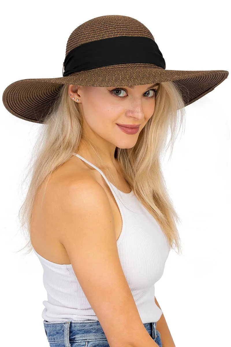 Mixed Grain Straw Satin Ribbon Wide Floppy Sun Hat