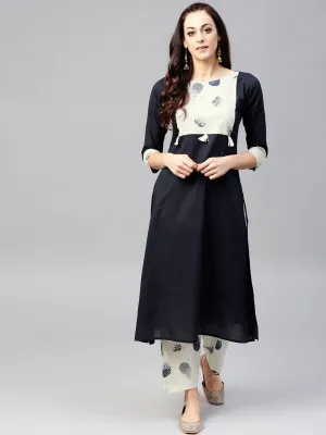 Navy Blue Front Yoke Kurta Set With Printed Palazzo