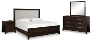 Neymorton King Upholstered Panel Bed with Mirrored Dresser and Nightstand