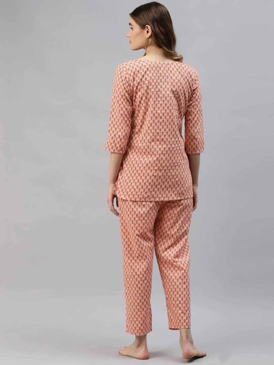 Peach Floral Printed Night Suit