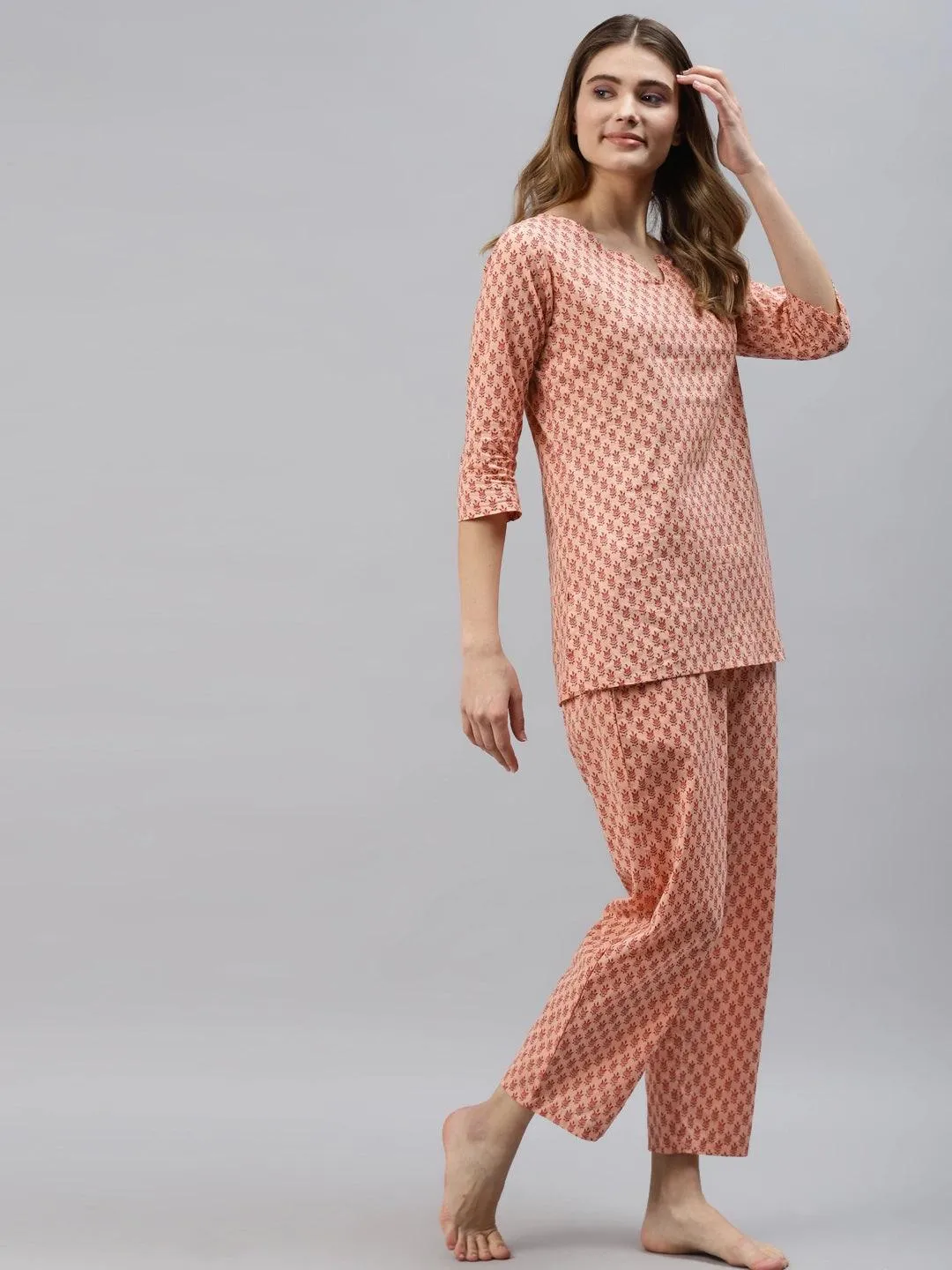 Peach Floral Printed Night Suit