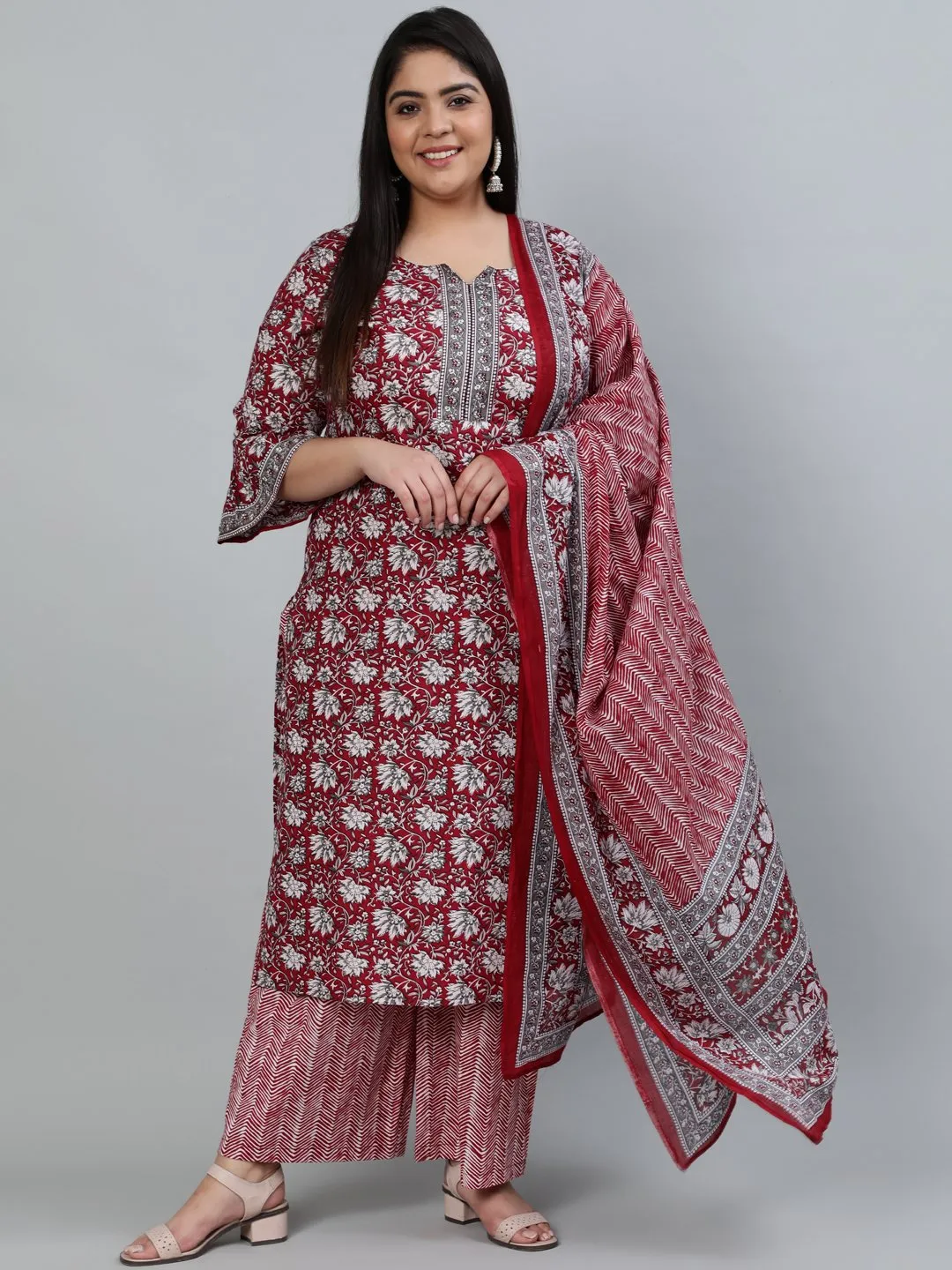 Plus Size Women Red Printed Straight Kurta With Palazo & Dupatta