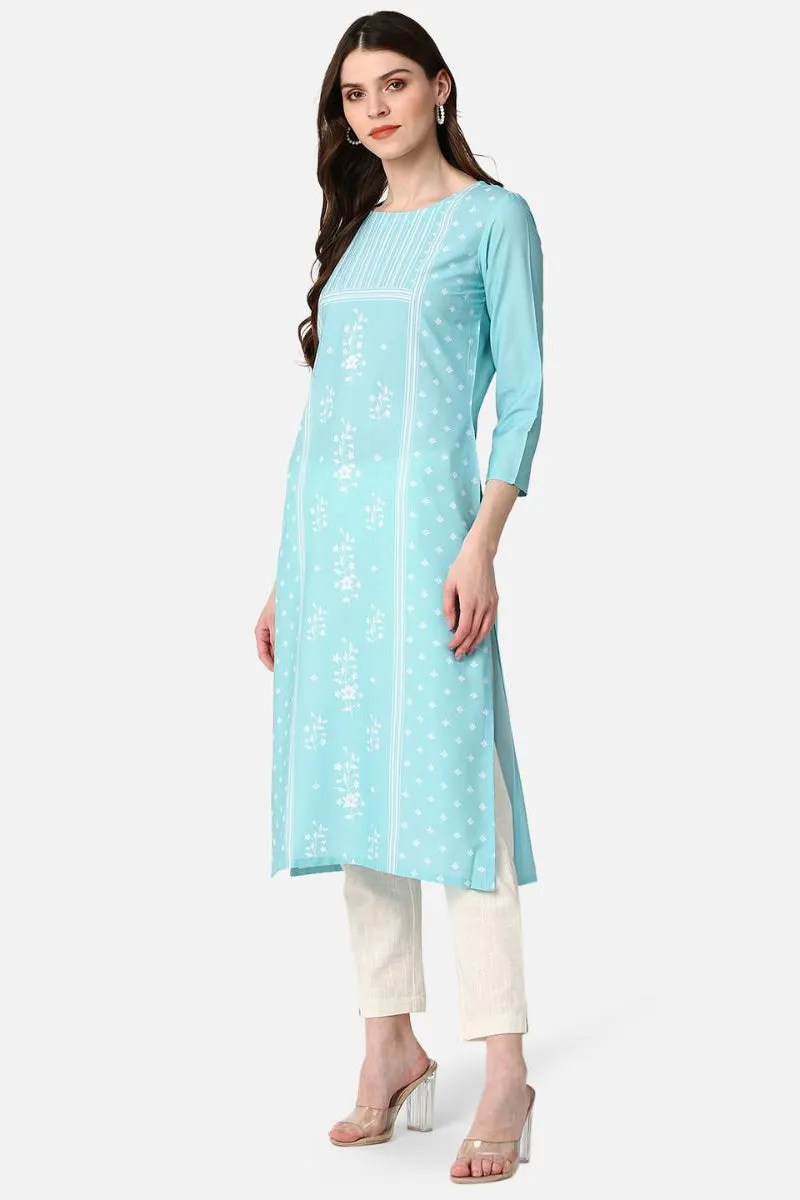 Poly Crepe Blue Geometric Printed Straight Kurti