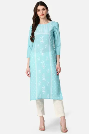 Poly Crepe Blue Geometric Printed Straight Kurti