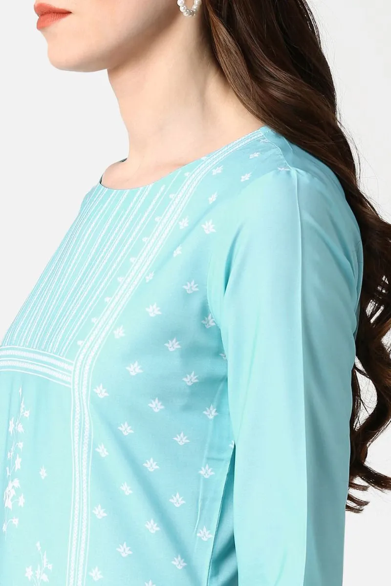 Poly Crepe Blue Geometric Printed Straight Kurti