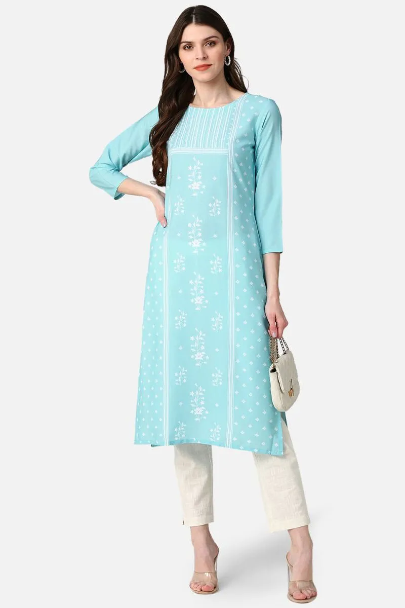 Poly Crepe Blue Geometric Printed Straight Kurti