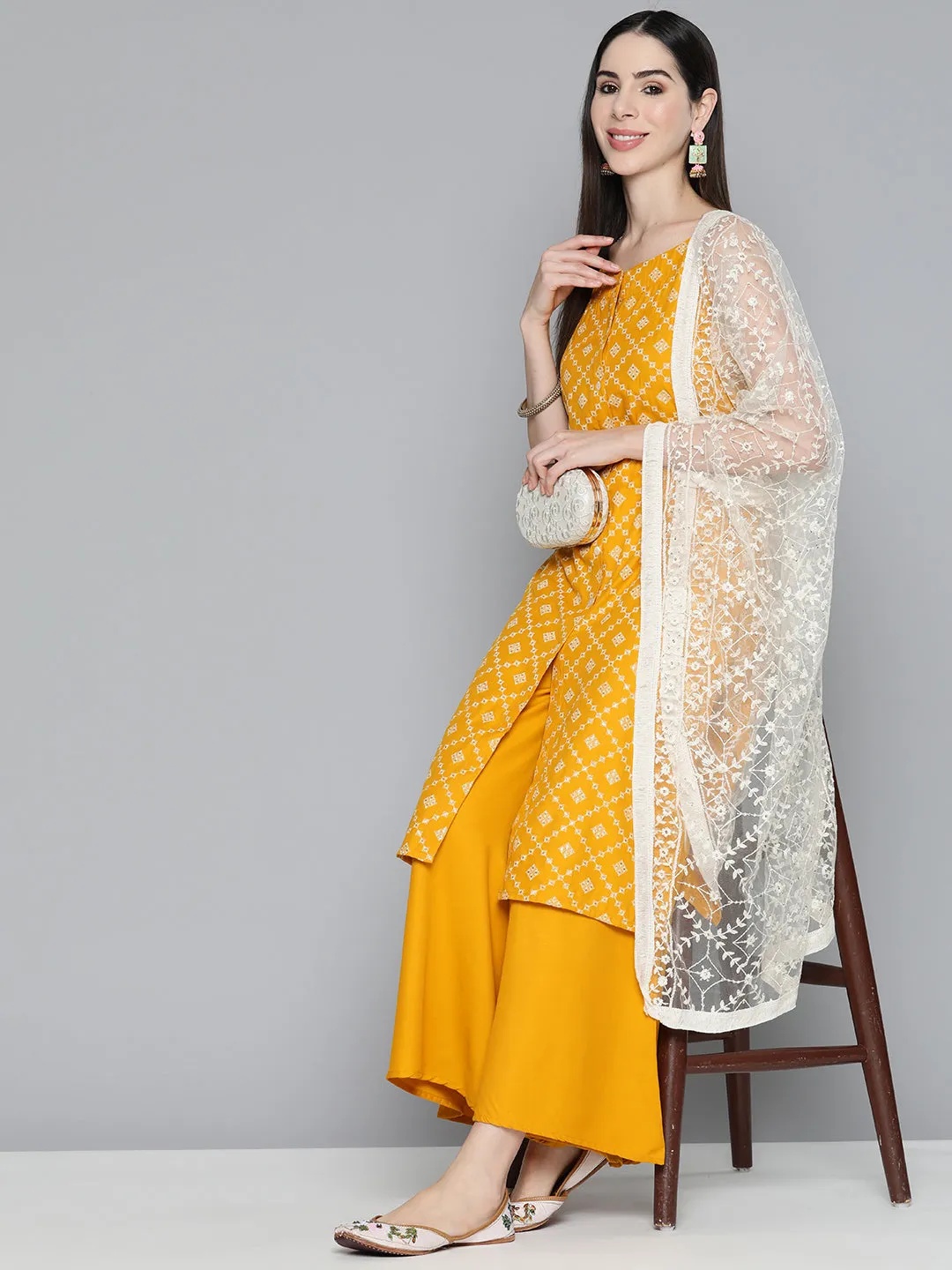 Printed Kurta With Palazzos & With Chikankari Dupatta