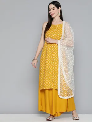 Printed Kurta With Palazzos & With Chikankari Dupatta