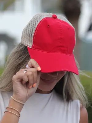 Red High Ponytail Hat with Beige Mesh