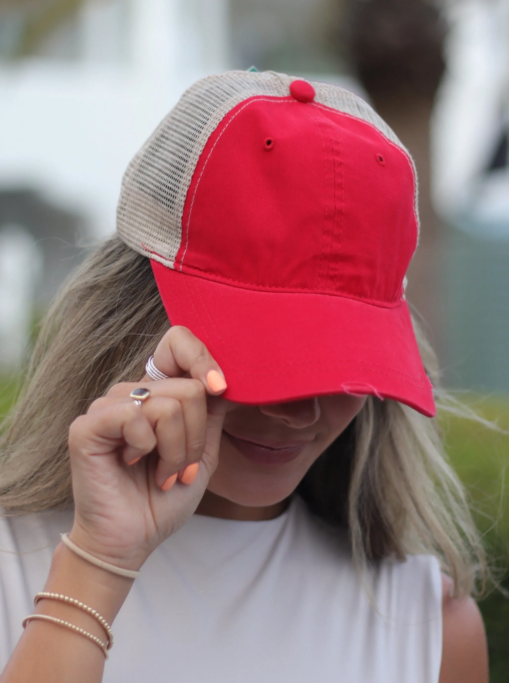 Red High Ponytail Hat with Beige Mesh