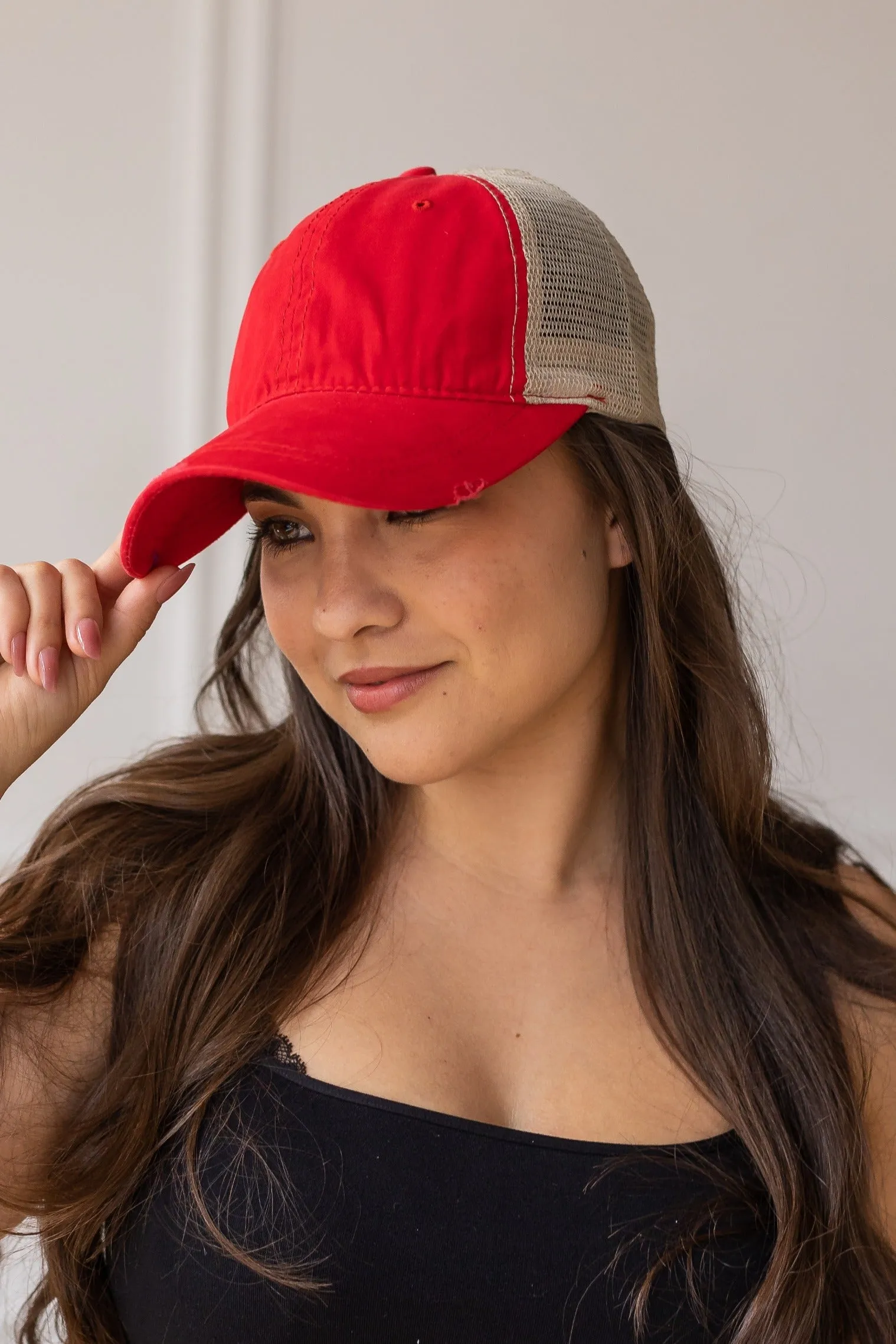 Red High Ponytail Hat with Beige Mesh