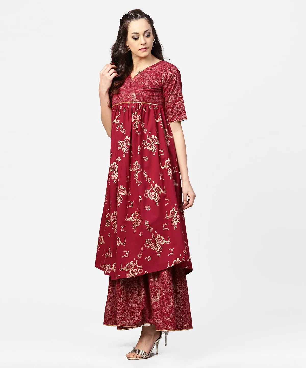 Red Printed Half Sleeve Cotton A-Line Kurta With Sharara